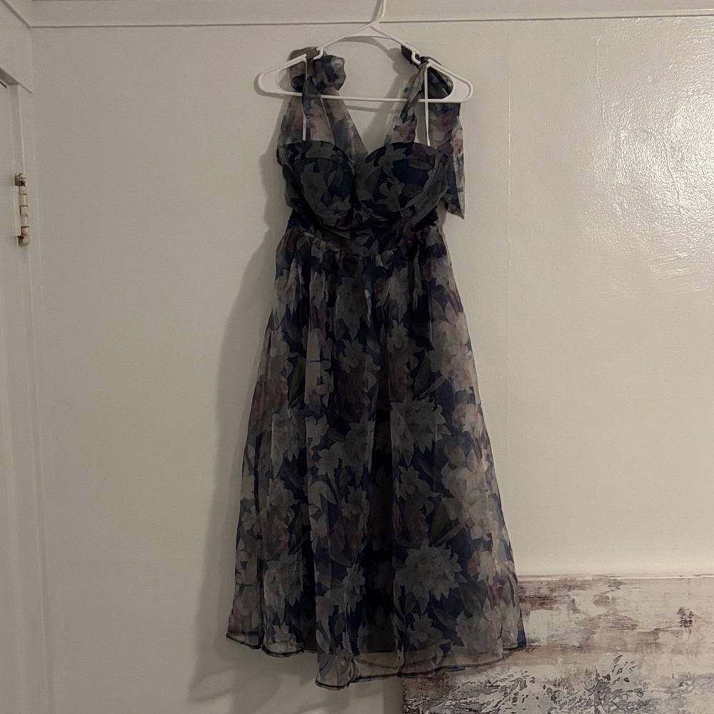 Exceptionally Marvelous Blue Floral Organza Bustier Midi Dress - Picture 5 of 6